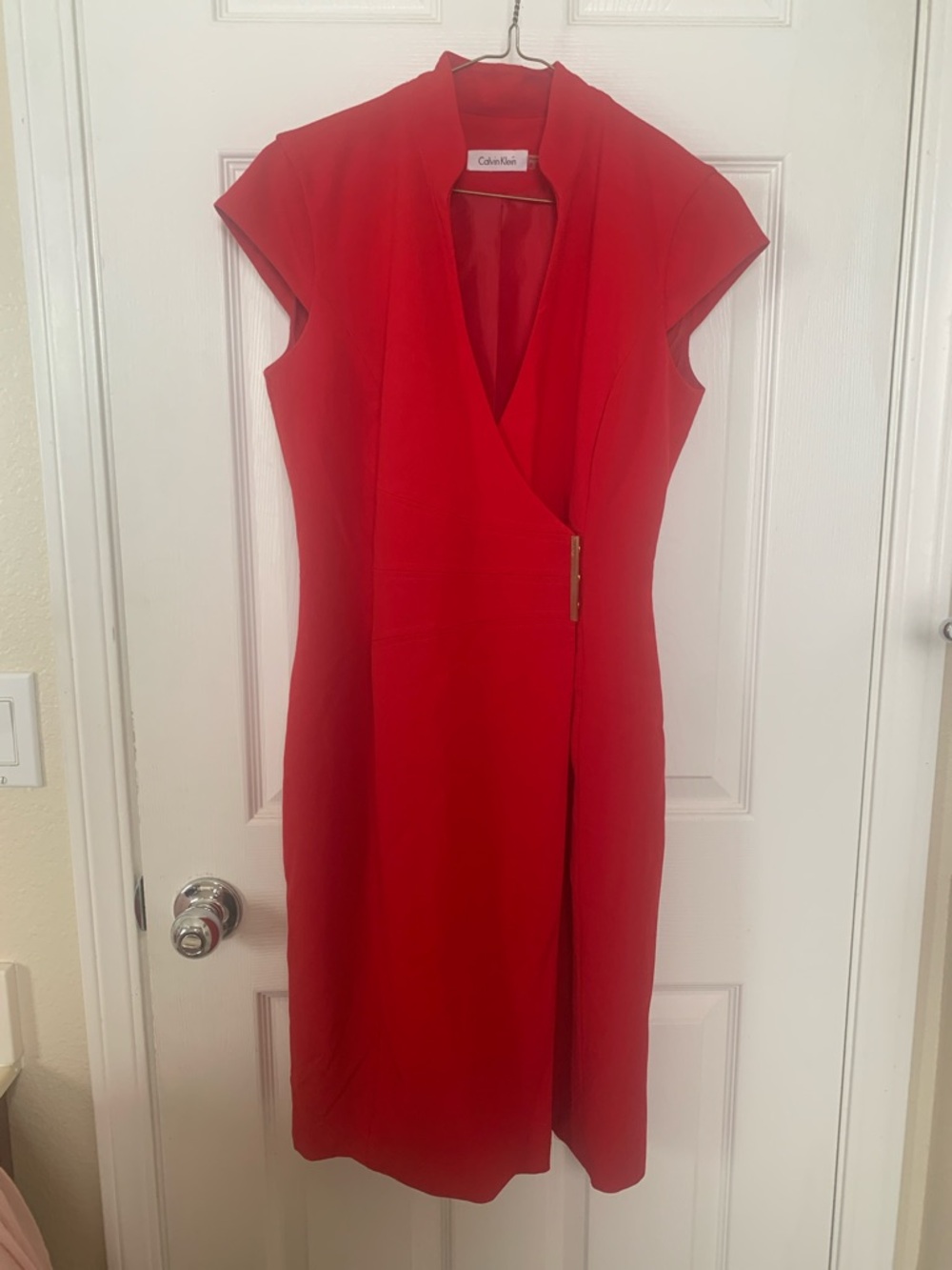 Calvin Klein Red Cap Sleeve Faux-Wrap Midi Dress